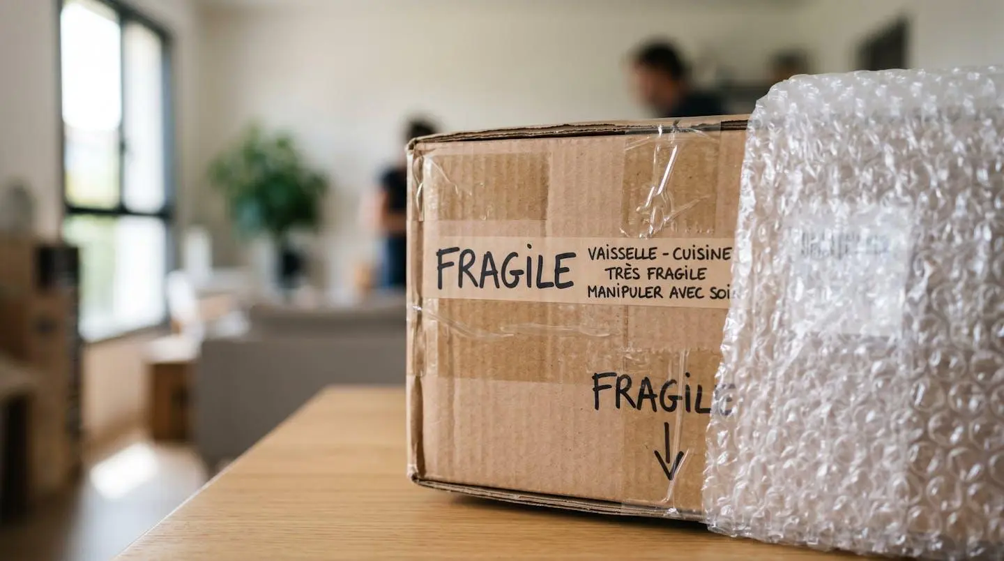 Gros plan d'un carton de déménagement étiqueté Fragile entouré de film bulle et fixé avec du ruban adhésif sur une surface propre