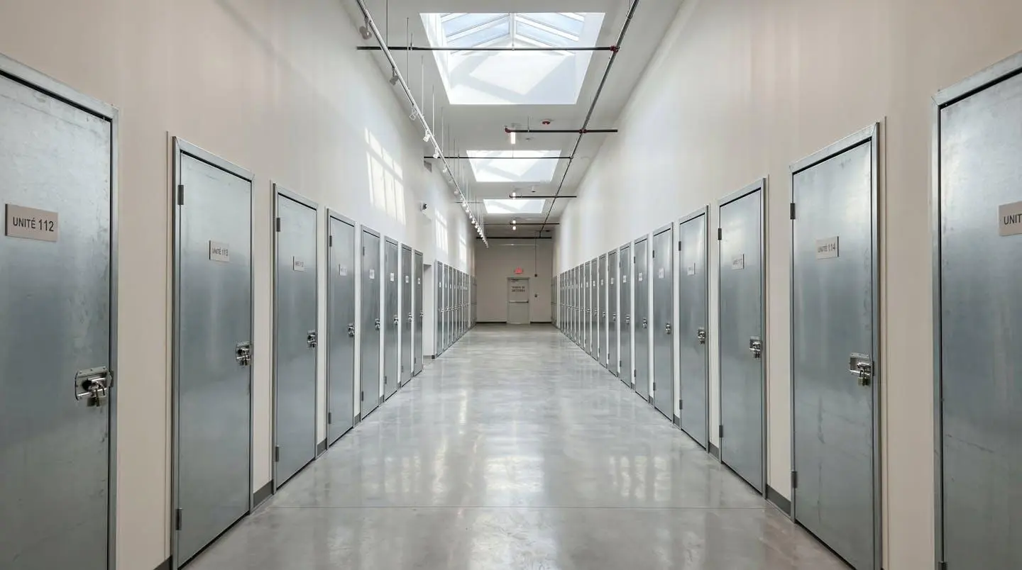 Vue grand angle d'un couloir de centre de self-stockage moderne avec portes métalliques alignées, éclairage naturel abondant et espace lumineux