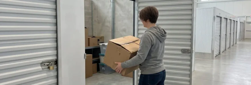Une personne vue de dos charge un carton étiqueté dans un box de self-stockage lumineux et spacieux