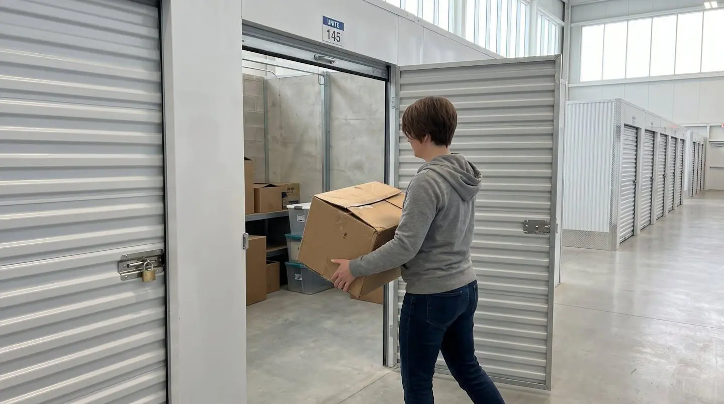 Une personne vue de dos charge un carton étiqueté dans un box de self-stockage lumineux et spacieux