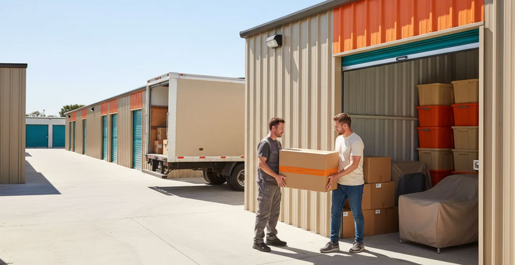 Camion de déménagement professionnel effectuant le transfert de mobilier vers un entrepôt de stockage sécurisé