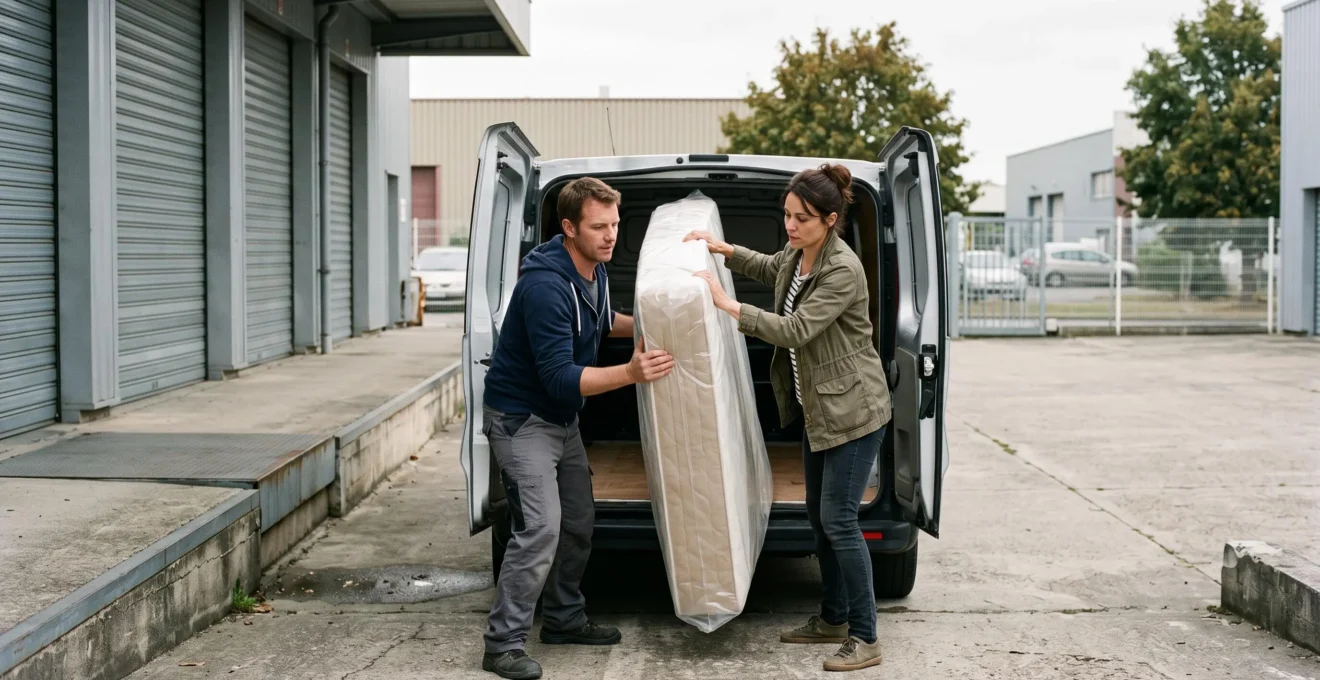 Deux personnes chargent un matelas protégé à la verticale dans un utilitaire devant un centre de stockage.