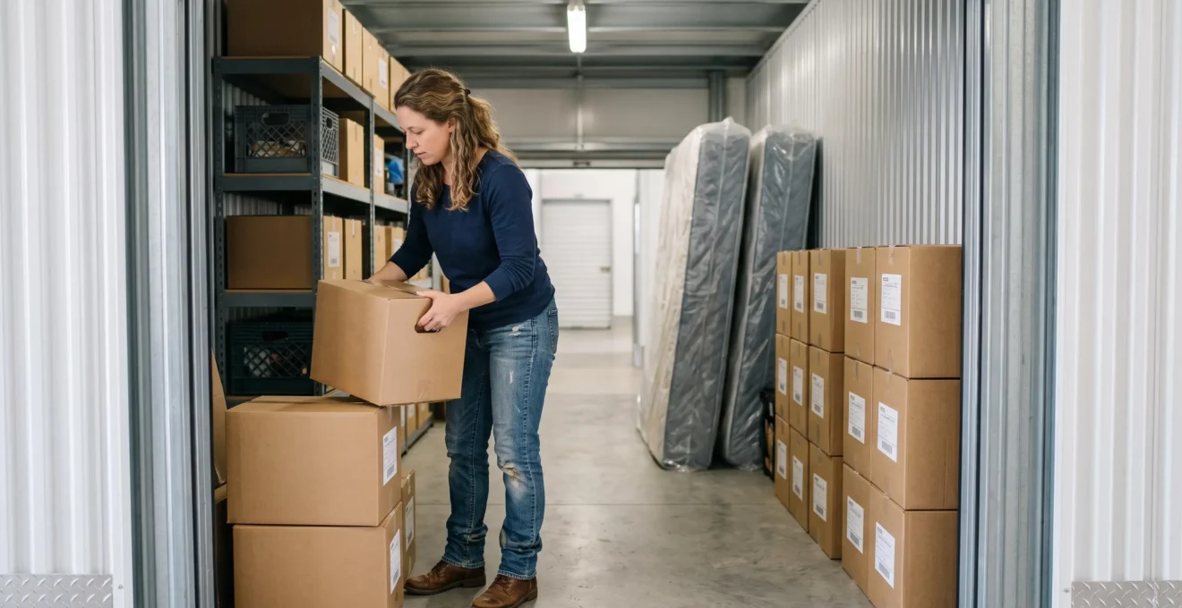 Une femme range des cartons étiquetés le long des murs d'un box de stockage organisé, en laissant une allée centrale dégagée.