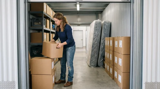 Une femme range des cartons étiquetés le long des murs d'un box de stockage organisé, en laissant une allée centrale dégagée.