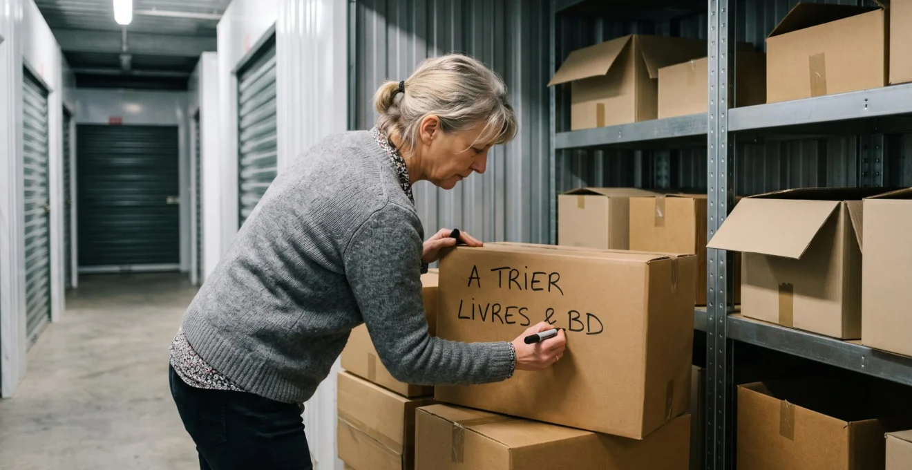 Une femme étiquette un carton au marqueur avant de le poser sur une étagère métallique dans un box de stockage.