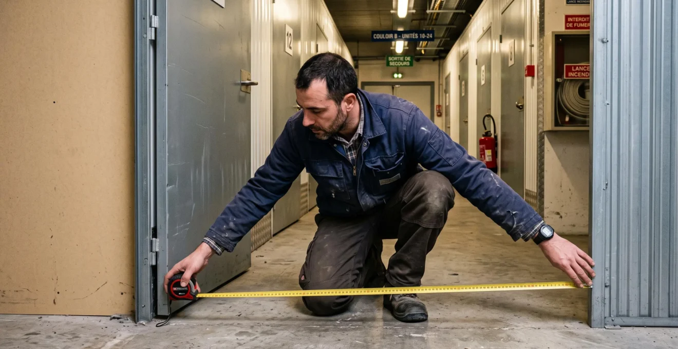 Un homme agenouillé mesure la largeur d'un box de stockage vide avec un mètre ruban.
